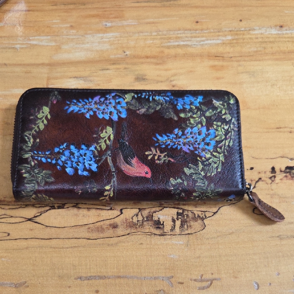 Vintage-Style Bird and Flower Genuine Leather Wallet NEW